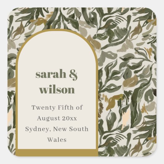 Rustieke Boho Retro Boog Groene Botanische Huwelij Vierkante Sticker (Voorkant)