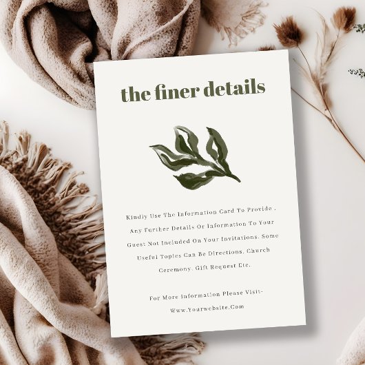Rustieke Boho Retro Groene Botanische bruiloft Det Informatiekaartje