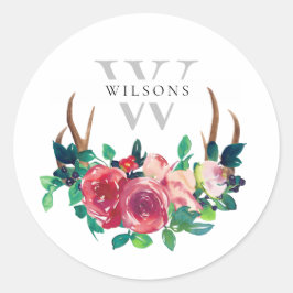 Rustieke Boho Rode Bloem Herten Geweien Monogram Ronde Sticker