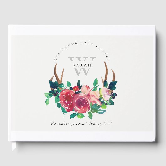 Rustieke Boho Rode Bloemende Hertengeweien Baby Sh Gastenboek (Voorkant)
