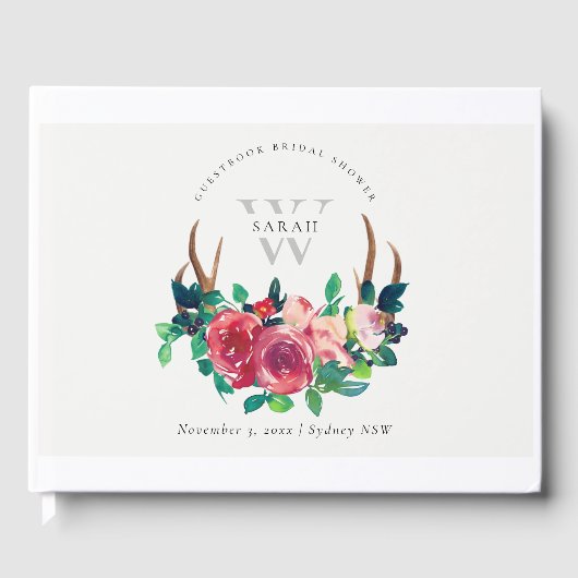 Rustieke Boho Rode Bloemende Hertengeweien Bruilof Gastenboek (Voorkant)