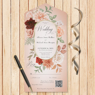 Rustieke Boho Roest & Perzik Bloem Ovaal Blush QR  All In One Uitnodiging