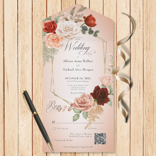 Rustieke Boho Roest Perzik Bloemen Frame Blush QR All In One Uitnodiging