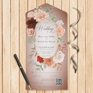 Rustieke Boho Roest & Perzik Bloemen Ovaal Roest Q All In One Uitnodiging