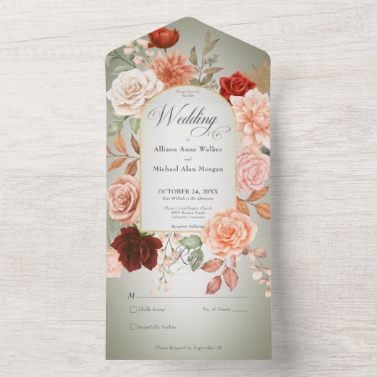 Rustieke Boho Roest Perzik Bloemenboog Sage Geen D All In One Uitnodiging (Binnen)