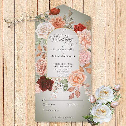 Rustieke Boho Roest Perzik Bloemenboog Sage Geen D All In One Uitnodiging
