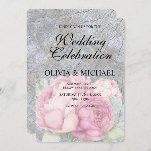 Rustieke boho roze bloemen chic bruiloft uitnodigi kaart (Voorkant / Achterkant)