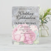 Rustieke boho roze bloemen chic bruiloft uitnodigi kaart (Staand voorkant)