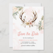 Rustieke Boho Roze Bloemen gewei bruiloft Save The Date (Voorkant)