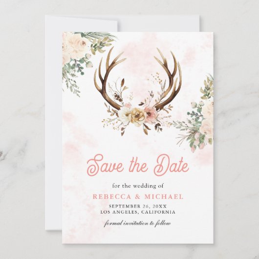 Rustieke Boho Roze Bloemen gewei bruiloft Save The Date (Voorkant)