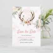 Rustieke Boho Roze Bloemen gewei bruiloft Save The Date (Staand voorkant)