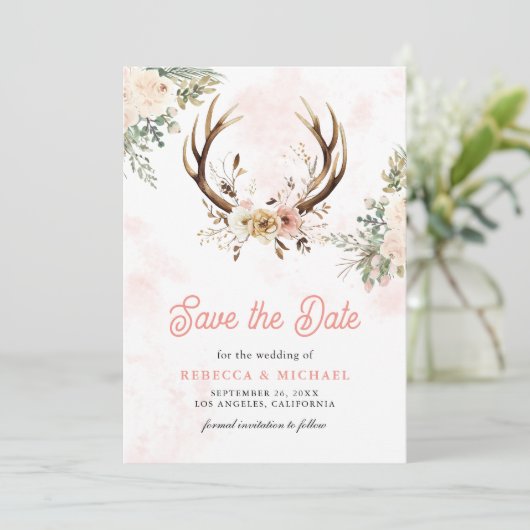 Rustieke Boho Roze Bloemen gewei bruiloft Save The Date (Staand voorkant)