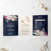 Rustieke Boho Roze Bloemen Pampas Marine Blauw Bru Drieluik Uitnodiging (Binnen)