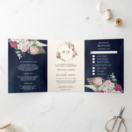 Rustieke Boho Roze Bloemen Pampas Marine Blauw Bru Drieluik Uitnodiging (Binnen)