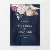 Rustieke Boho Roze Bloemen Pampas Marine Blauw Bru Drieluik Uitnodiging (Cover)