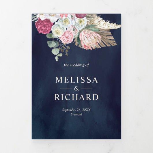 Rustieke Boho Roze Bloemen Pampas Marine Blauw Bru Drieluik Uitnodiging (Cover)