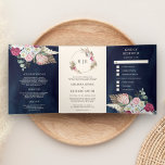 Rustieke Boho Roze Bloemen Pampas Marine Blauw Bru Drieluik Uitnodiging<br><div class="desc">Verras uw gasten met deze elegante all in one bruiloft uitnodiging met prachtige magenta bloemen en pampas gras met gedroogde palmbladeren en protea bloemen boeket. Voeg eenvoudig uw evenementgegevens toe aan deze gebruiksvriendelijke sjabloon en versier deze kaart met uw favoriete foto om er een unieke gepersonaliseerde one-of-a-kind-uitnodiging van te maken....</div>