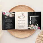 Rustieke Boho Roze Bloemen Pampas Zwart Bruiloft Drieluik Uitnodiging<br><div class="desc">Verras uw gasten met deze elegante all in one bruiloft uitnodiging met prachtige magenta bloemen en pampas gras met gedroogde palmbladeren en protea bloemen boeket. Voeg eenvoudig uw evenementgegevens toe aan deze gebruiksvriendelijke sjabloon en versier deze kaart met uw favoriete foto om er een unieke gepersonaliseerde one-of-a-kind-uitnodiging van te maken....</div>