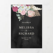 Rustieke Boho Roze Bloemen Pampas Zwart Bruiloft Drieluik Uitnodiging (Cover)