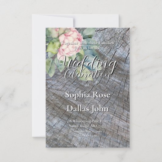 Rustieke boho roze bloemenbruiloft kaart (Voorkant)