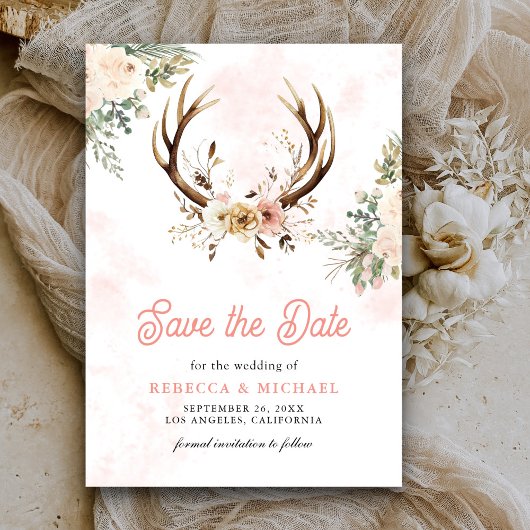 Rustieke Boho Roze Bloemengewei Huwelijk Save The Date