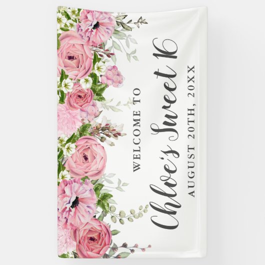 Rustieke Boho Roze en Witte Bloemen Sweet 16 Party Spandoek (Verticaal)