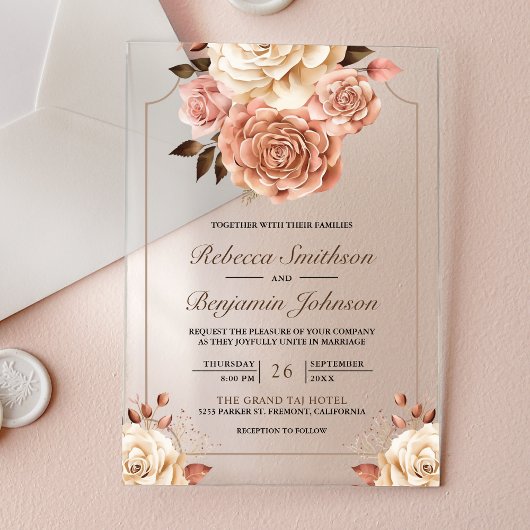 Rustieke Boho Roze Goud Ivoor Bloemige Bruiloft Acryl Uitnodigingen