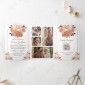 Rustieke Boho Roze Goud Ivoor Bloemige QR Code Tro Drieluik Uitnodiging (Binnen)