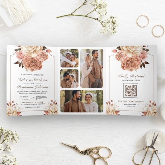 Rustieke Boho Roze Goud Ivoor Bloemige QR Code Tro Drieluik Uitnodiging