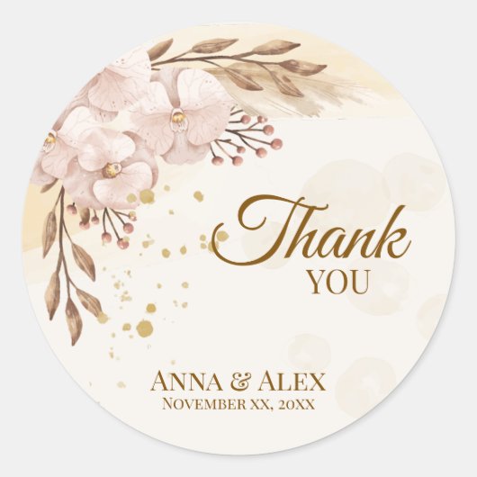 Rustieke Boho Roze Orchidee & Goud Waterverf Ronde Sticker (Voorkant)