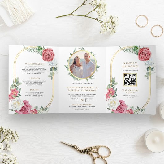 Rustieke Boho Roze Rozen Bloemencode Huwelijk Drieluik Uitnodiging