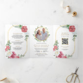 Rustieke Boho Roze Rozen Bloemencode Huwelijk Drieluik Uitnodiging (Binnen)