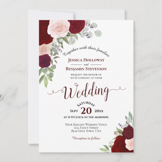 Rustieke Boho Rozen Burgundy Blush QR Code Trouwen Kaart (Voorkant)