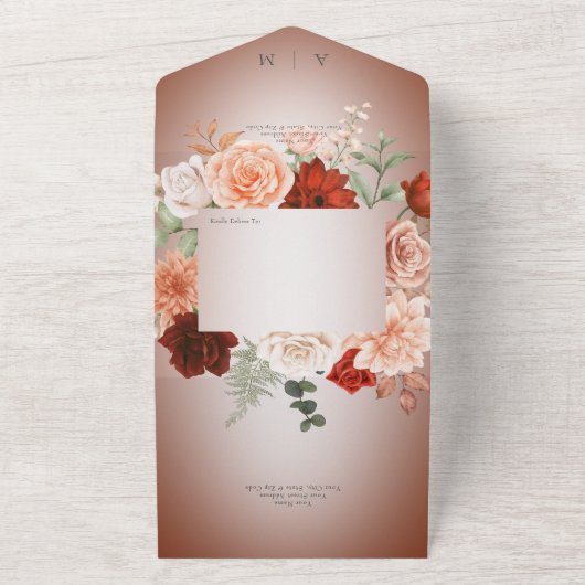 Rustieke Boho Rust & Perzik Bloemen Lijst Rust QR  All In One Uitnodiging (Buitenkant)