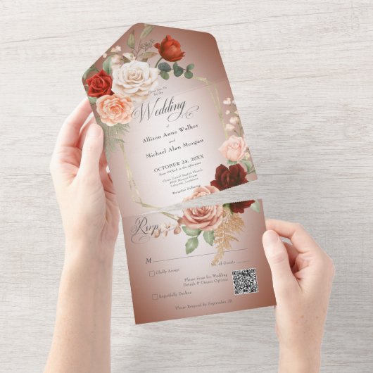 Rustieke Boho Rust & Perzik Bloemen Lijst Rust QR  All In One Uitnodiging (Afscheurbaar)