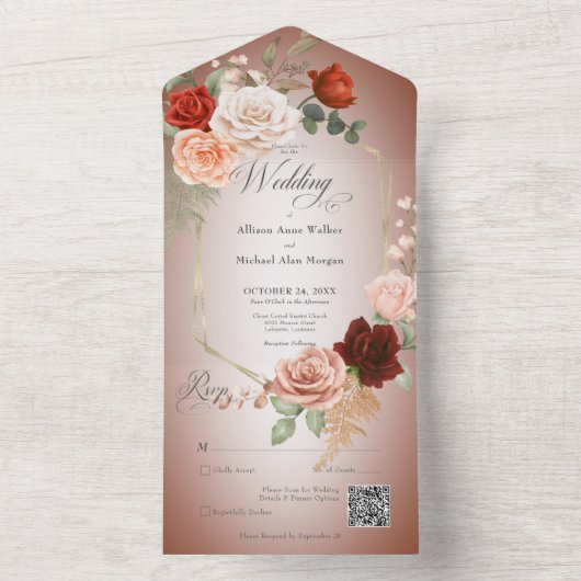 Rustieke Boho Rust & Perzik Bloemen Lijst Rust QR  All In One Uitnodiging (Binnen)