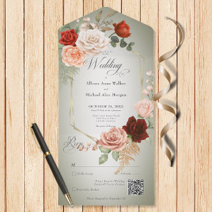 Rustieke Boho Rust & Perzik Bloemen Lijst Sage QR All In One Uitnodiging