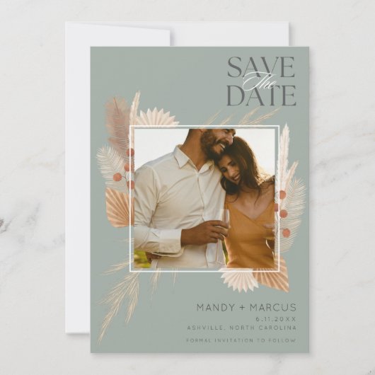 Rustieke Boho Sage Fotobruiloft Save The Date (Voorkant)