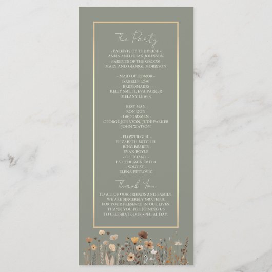 Rustieke Boho Sage Green Wedding Programma Programmakaart (Achterkant)