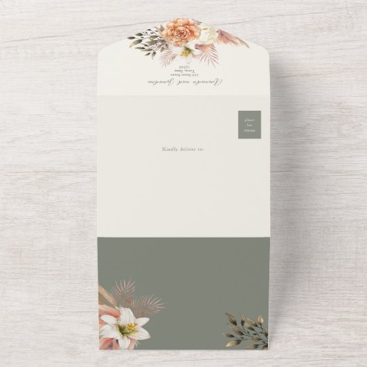 Rustieke Boho Sage Groene Bloemen Huwelijk All In One Uitnodiging (Buitenkant)