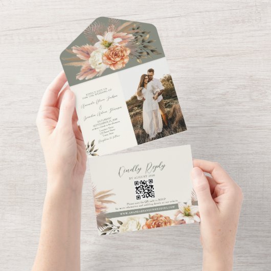 Rustieke Boho Sage Groene Bloemen Huwelijk All In One Uitnodiging (Afscheurbaar)