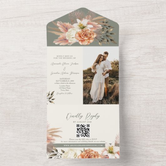 Rustieke Boho Sage Groene Bloemen Huwelijk All In One Uitnodiging (Binnen)