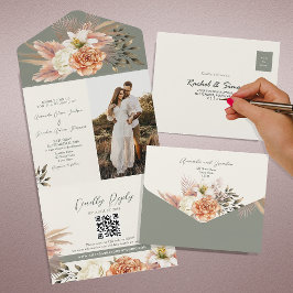 Rustieke Boho Saliegroene Bloemige Bruiloft All In One Uitnodiging