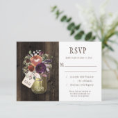Rustieke Boho Schuur Hout Mason Jar Paarse Bloemen RSVP Kaartje (Staand voorkant)