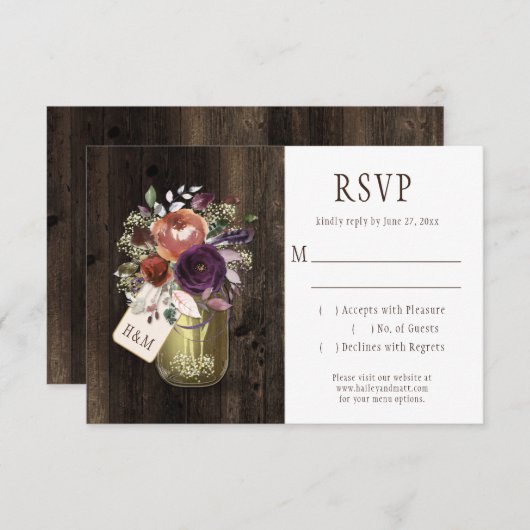 Rustieke Boho Schuur Hout Mason Jar Paarse Bloemen RSVP Kaartje (Voorkant / Achterkant)