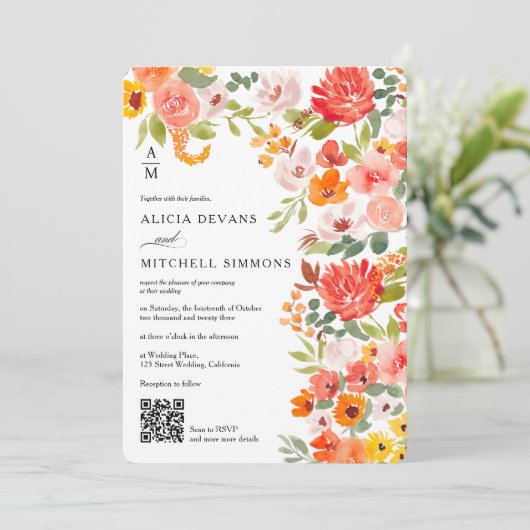 Rustieke Boho Sinaasappel Bloemen Waterverf QR bru Kaart (Staand voorkant)