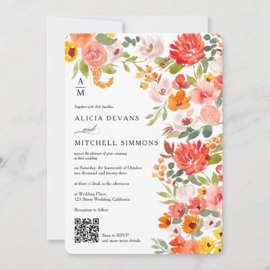 Rustieke Boho Sinaasappel Bloemen Waterverf QR bru Kaart (Voorkant)