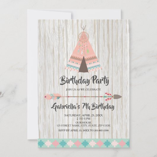 Rustieke Boho Stammen Roze Teepee Verjaardagsfeest Kaart (Voorkant)