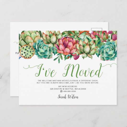 Rustieke Boho Succulent Cactus Ik ben verhuisd Aankondigingskaart (Voorkant / Achterkant)
