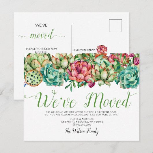 Rustieke Boho Succulent Cactus We hebben verhuisd Aankondigingskaart (Voorkant / Achterkant)